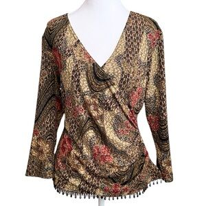Vintage DressBarn Floral Blouse Top Plunge Metallic Beading USA M Medium